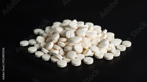 A pile of white pills on a black background.