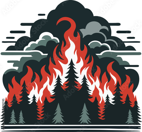 Stylized Vector of Forest Fire with Pine Trees and Smoke Plumes in Bold Graphic Design