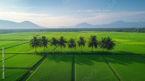 Aerial view of geometric rice fields with palm trees in vibrant green tones showcasing farmland patterns from above