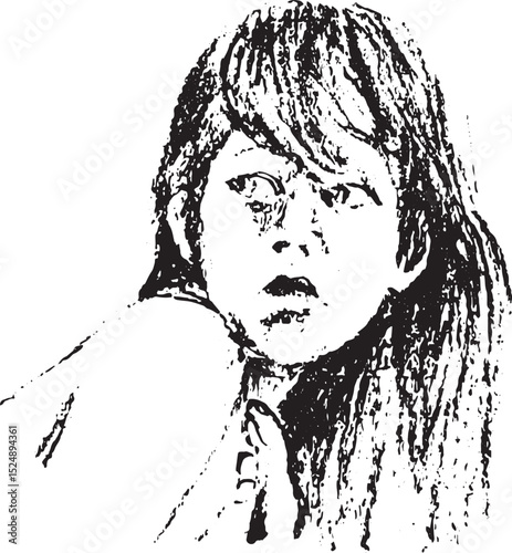 Distressed Black and White Artistic Sketch of a Wide-Eyed Child Looking Over Shoulder
