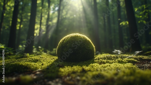 Single moss-covered globe in a serene forest with soft sun rays, ultra-minimalist Earth Day nature scene
