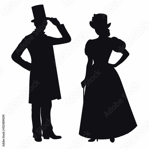 Victorian Era Silhouette Elegantly Dressed Couple with Top Hats and Period Attire Posing