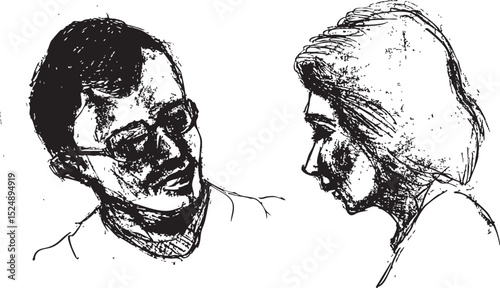 Distressed Black and White Artistic Sketch of Two Faces in Conversational Interaction
