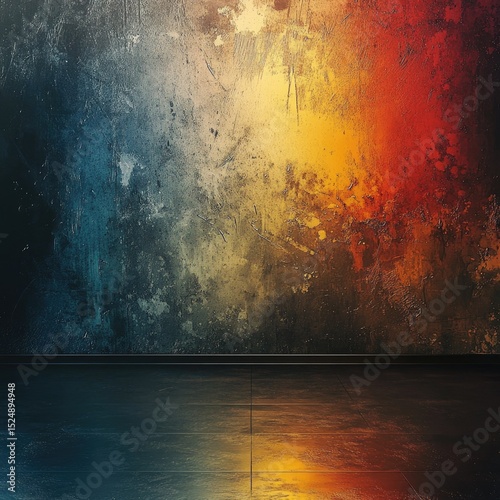 Grungy room with vibrant, textured wall and reflective floor