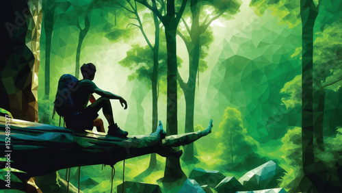 A male climber sitting on a fallen tree, filled with a calming green ambiance, in low poly style