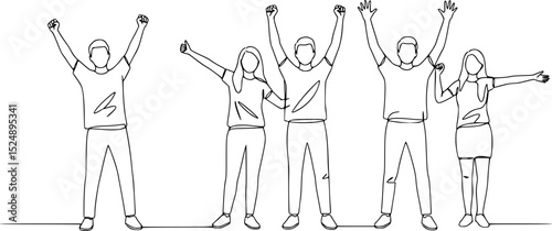 
Cheerful crowd cheering illustration. Hands up. Group of three people rejoice and cheer continuous one line vector drawing. Women and men standing at concert, meeting