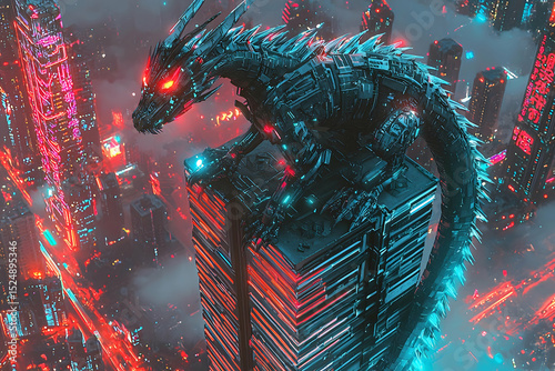 A massive mechanized dragon perched on a glowing tower scans the cyberpunk city with piercing red eyes under a stormy sky watching for danger in the shadows

