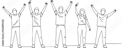 
Cheerful crowd cheering illustration. Hands up. Group of three people rejoice and cheer continuous one line vector drawing. Women and men standing at concert, meeting