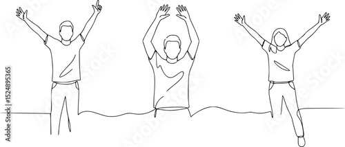 
Cheerful crowd cheering illustration. Hands up. Group of three people rejoice and cheer continuous one line vector drawing. Women and men standing at concert, meeting
