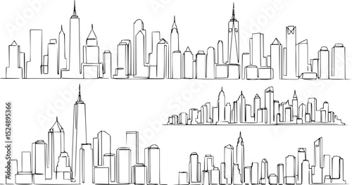 Modern cityscape continuous one line vector drawing. Metropolis architecture panoramic landscape. New York skyscrapers hand drawn silhouette. Apartment buildings isolated minimalistic illustration