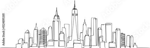 Modern cityscape continuous one line vector drawing. Metropolis architecture panoramic landscape. New York skyscrapers hand drawn silhouette. Apartment buildings isolated minimalistic illustration