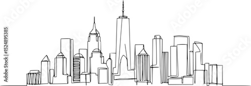 Modern cityscape continuous one line vector drawing. Metropolis architecture panoramic landscape. New York skyscrapers hand drawn silhouette. Apartment buildings isolated minimalistic illustration