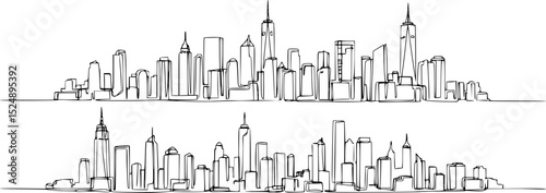 Modern cityscape continuous one line vector drawing. Metropolis architecture panoramic landscape. New York skyscrapers hand drawn silhouette. Apartment buildings isolated minimalistic illustration