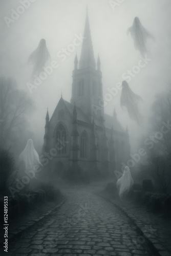 Ghostly Apparitions Hovering Over Cathedral in Foggy Forest