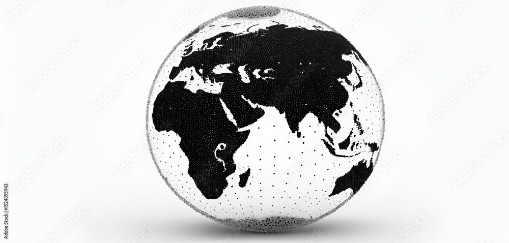 Obraz premium Minimalist black and white globe depiction showcasing continents with dot-matrix design aesthetic.