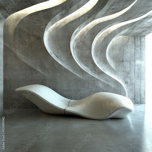 Modern, sculptural lounge chair in a minimalist concrete room with wave-like wall features and soft lighting