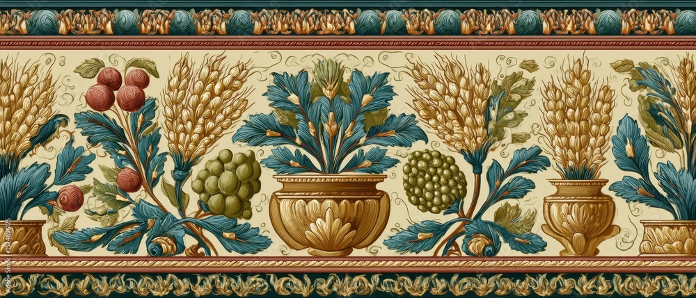 Fototapeta premium Seamless renaissance border with wheat and fruit