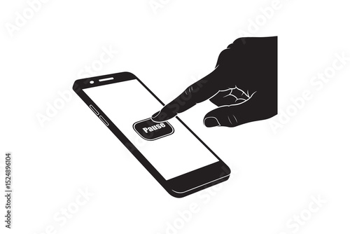 Hand Pressing Pause Button on Smartphone Silhouette - Smartphone Interface with Pause Button Art