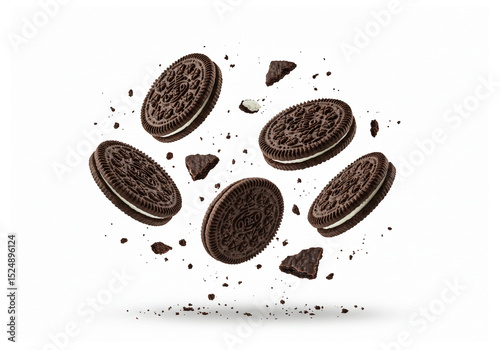 Floating oreo cookies with crumbs on a white background in a dynamic composition, studio shot