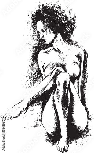 ink-style sketch of a nude woman with voluminous curly hair, seated with crossed legs and a downward gaze. This illustration captures the quiet emotion and strength of the human form