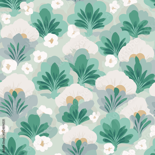 Teal Lotus Blossom Pattern - Traditional Korean Floral Seamless Design
