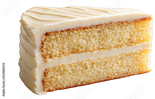 A slice of vanilla cake, frosted with a creamy white icing