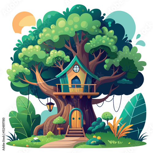 Whimsical Cartoon Treehouse with Lush Greenery and Cozy Detailing Illustration Art