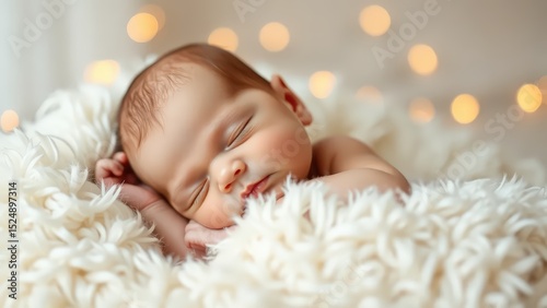 Newborn baby sleeping peacefully on a fluffy white blanket