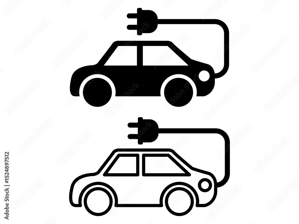 Naklejka premium Electric Vehicle Charging Icons Black and White Illustrations of EVs Plugged In, Ideal for Websites, Apps, and Presentations on Sustainable Transportation, Green Energy, and Eco-Friendly Vehicles