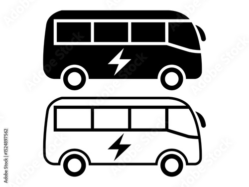 Electric Bus Icon Set Black and White Vector Illustrations for Sustainable Transportation Designs, Websites, and Applications. Perfect for eco-friendly projects, showcasing clean energy solutions