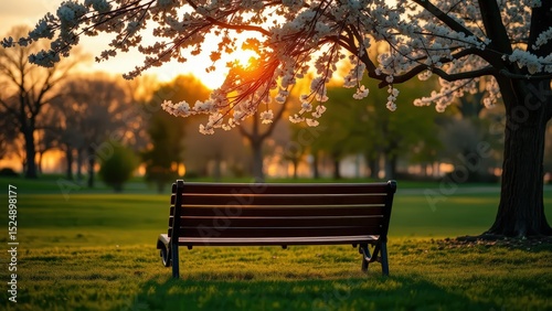 Serenity blooms in a tranquil park under cherry blossom trees at sunset