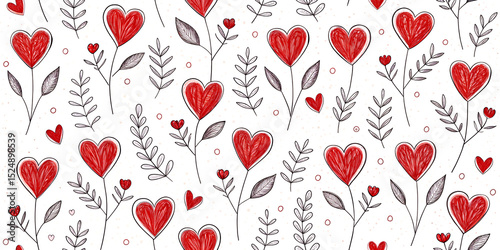 Hand-drawn doodle heart seamless pattern 4K wallpaper sketchy red hearts imperfect playful design