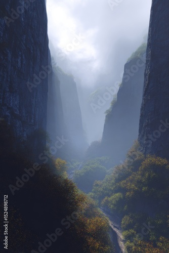 deep valley surrounded by towering cliffs and misty forests, mysterious path winding down, sunlight piercing through clouds