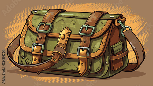 Zoomed-in shot of a vintage canvas messenger bag with leather straps, brass buckles, and weathered texture. A timeless piece for explorers and lovers of retro urban fashion.

