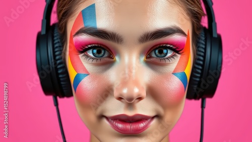 Portrait of a young woman with colorful geometric face paint, wearing black over-ear headphone