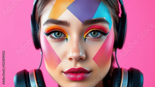 Portrait of a young woman with colorful geometric face paint, wearing black over-ear headphone