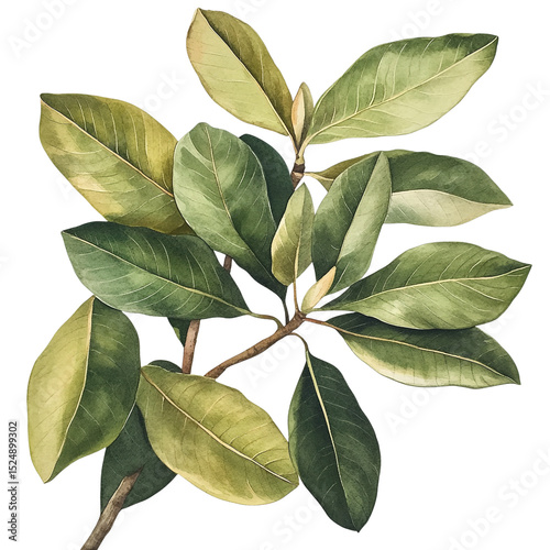 Watercolor magnolia leaves botanical illustration nature painting plant art print greenery foliage drawing design 100 on transparent background
