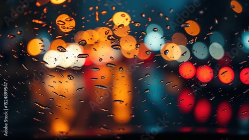 Raindrops on a car windshield at night, blurred city lights in the background 