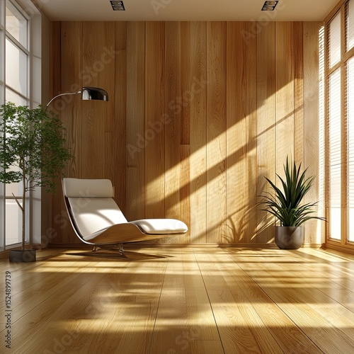 Sunlit room with wooden walls, floors, and modern chaise lounge