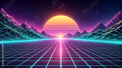 Futuristic 1980s Landscape Perspective Grid, Sci Fi Game Style, Neon Background