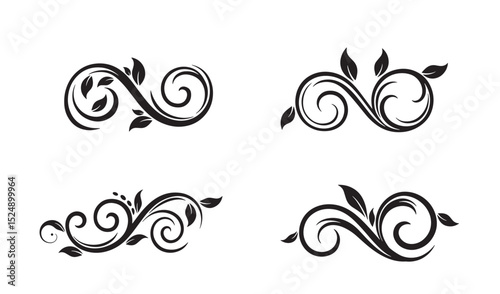Elegant black and white floral swirls and silhouette leaf designs for decorative elements