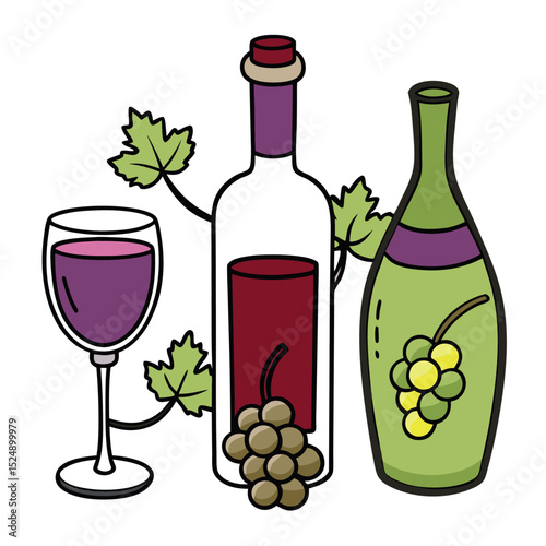 Wine Still Life with Bottles, Glass, Grapes, and Grape Leaves Illustration