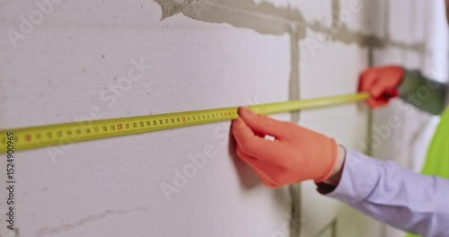 Construction worker in gloves estimates distances using special equipment. Builder holds measuring tape in hands and applies tool to slag block wall surface