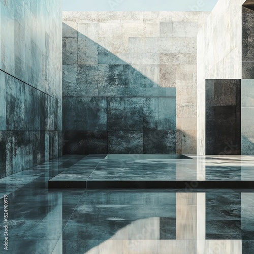 Sunlit minimalist courtyard with grey stone walls and reflective floor