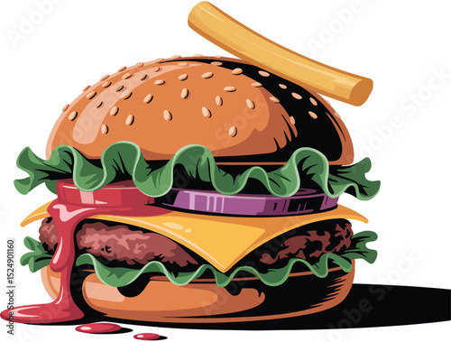 Classic Cheeseburger Illustration – Juicy Beef Burger with Cheese and Veggies