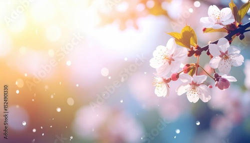 A dreamy spring background with a branch of white cherry blossoms in soft, warm sunlight. A beautiful and romantic nature scene with bokeh and copy space.