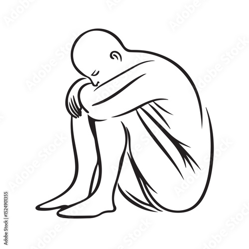 Sketch-style vector illustration of a man sitting and contemplating, with a thoughtful and introspective pose isolated on white background
