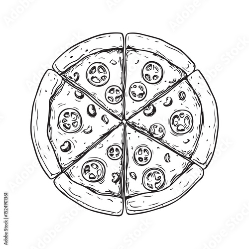 Vector illustration of a delicious cheese and sausage pizza with melted cheese, sliced sausages, and crispy crust isolated on white background