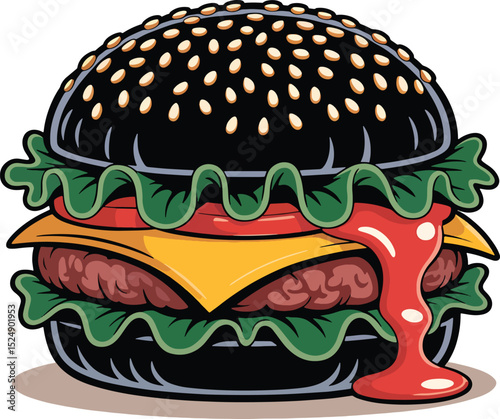 Classic Cheeseburger Illustration – Juicy Beef Burger with Cheese and Veggies