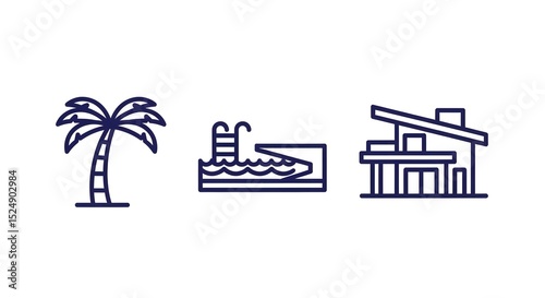 Palm Tree, Pool, Modern House Icons